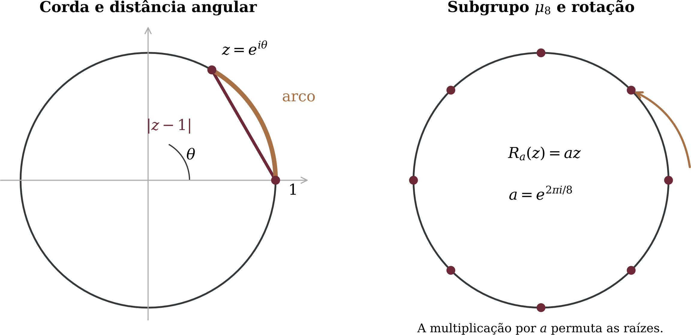 Figura 2.2 No círculo unitário, a corda mede |z-1| e o arco menor mede a distância angular. À direita, multiplicar por uma raiz oitava da unidade permuta o subgrupo μ _8.